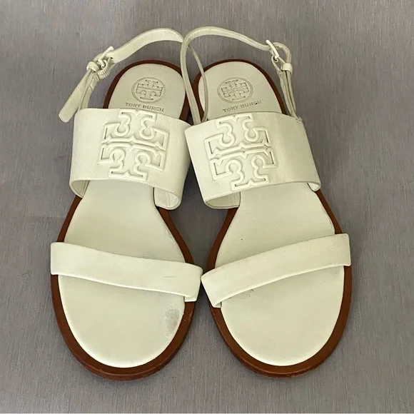 Tory Burch Flat White Slingback Sandals 8 M Big Logo Open Toe Leather - Picture 3 of 10